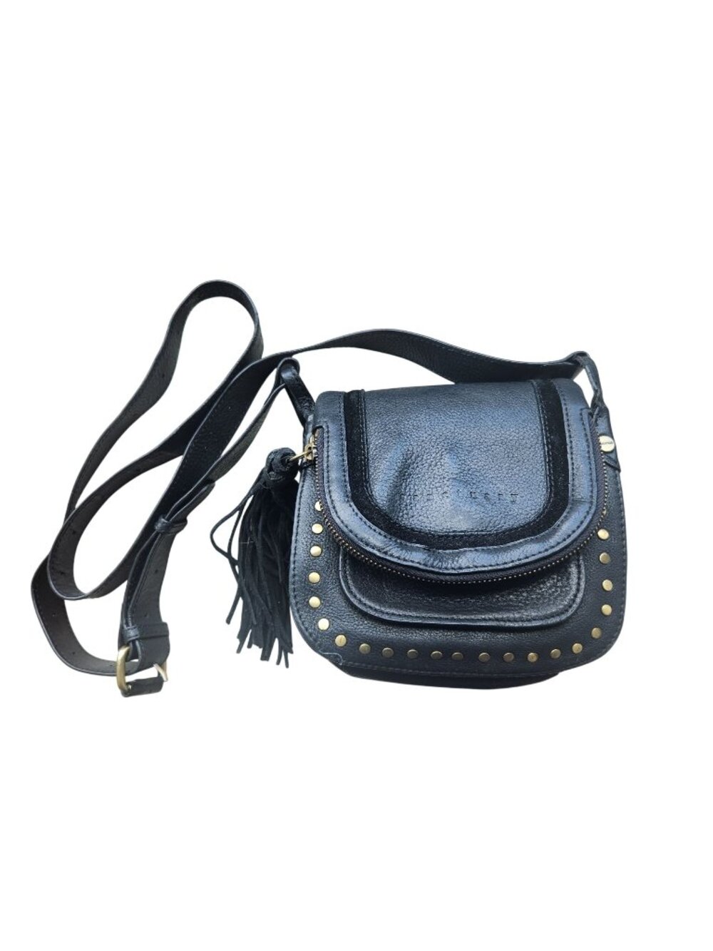 Sanctuary Black Leather Studded Crossbody Bag With Tassel Accent